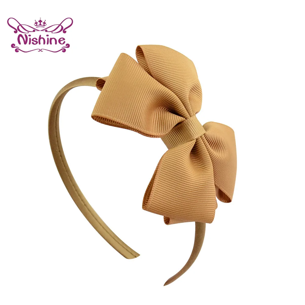 1PCS Double Layer Grosgrain Ribbon Bowknot Toddler Hair Hoop Solid Color Handmade Bows Baby Hairband DIY Clothing Decoration view 5