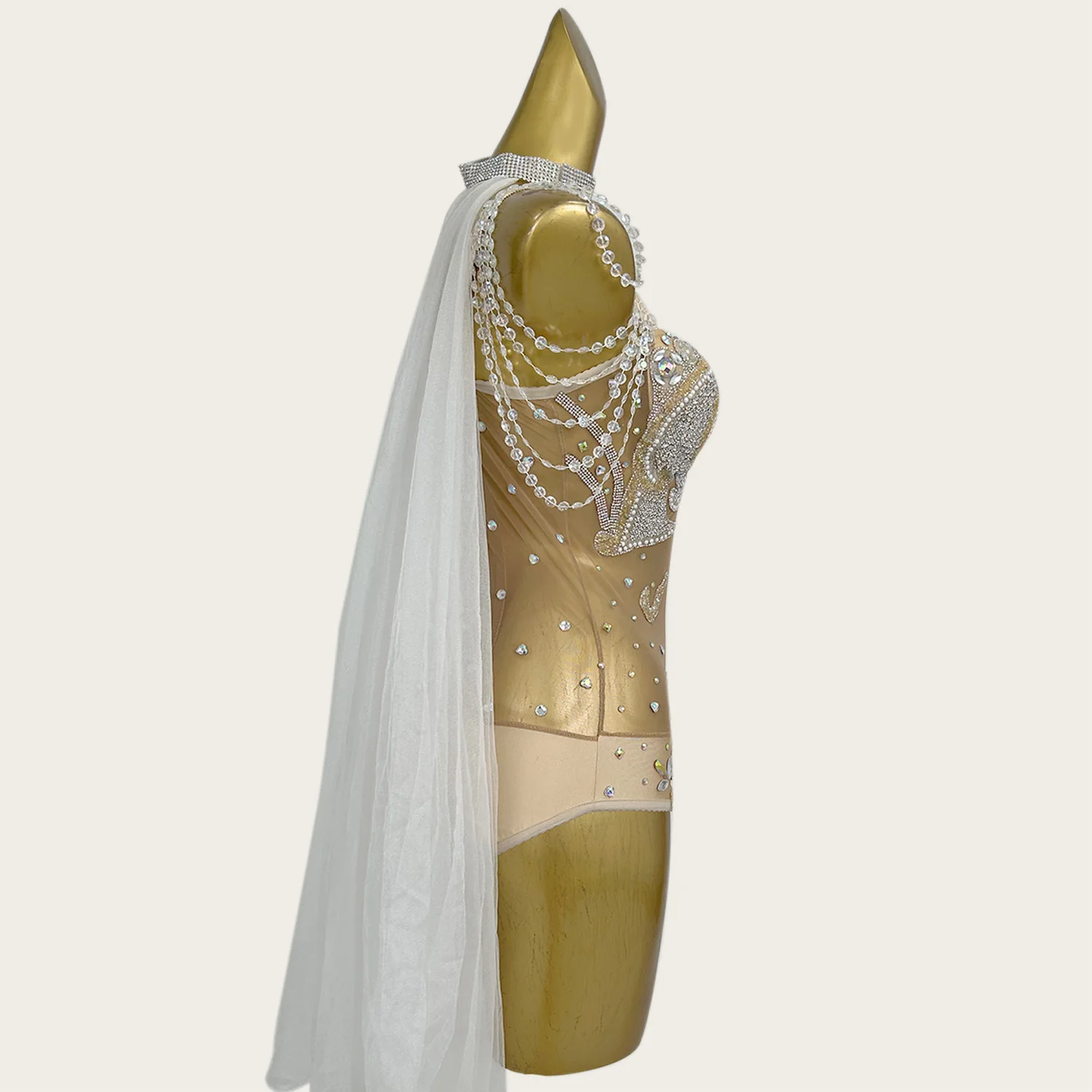 Sparkly Rhinestone See Through Mesh Bodysuit Gauze Cloak Nightclub Party Dress-up Outfit Luxury Fashion Club Sexy Wear Xiaoqiao