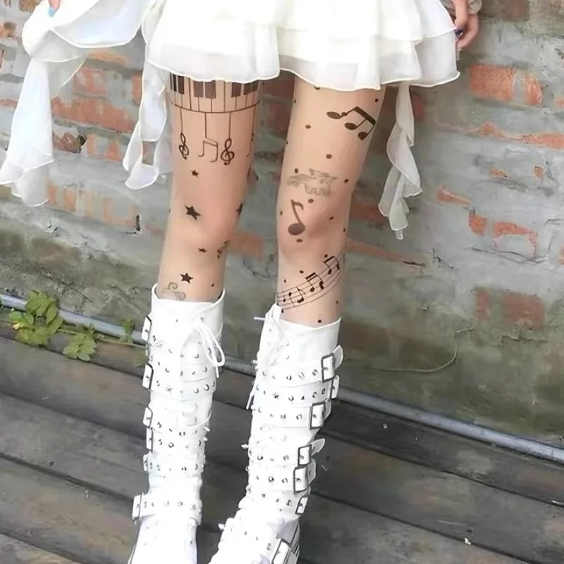 Y2K Lolita Music Note Sheer Tights Retro Kawaii Melody Aesthetic Elastic Pantyhose Subculture Nylon Music Print Stocking Tights