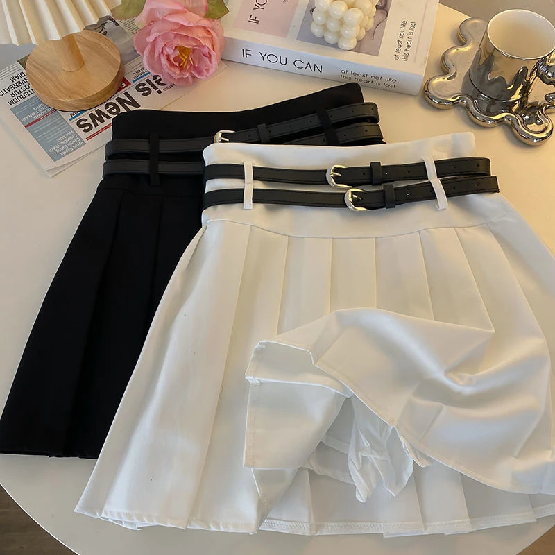 Fashion with Double Belt Pleated Skirts Women Summer High Waist Casual Preppy Mini Skirt Y2K Korean Solid All-Match A Line Skirt