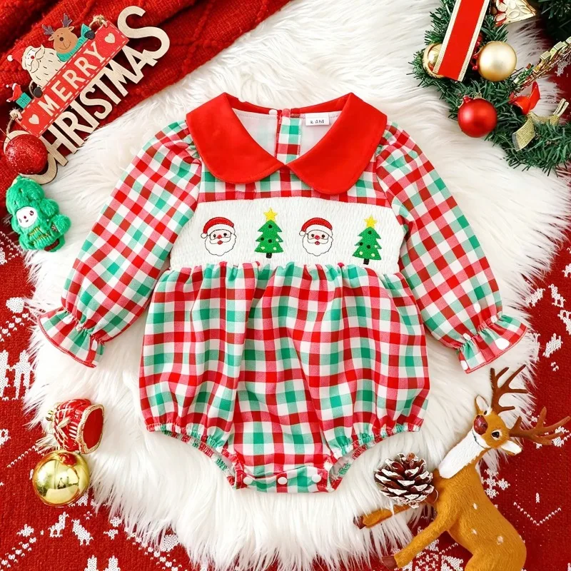Infant Baby Girl Christmas Plaid Bubble Romper Long Sleeve Smocked Bodysuit With Santa Tree Print And Red Collar Outfit 0 24M