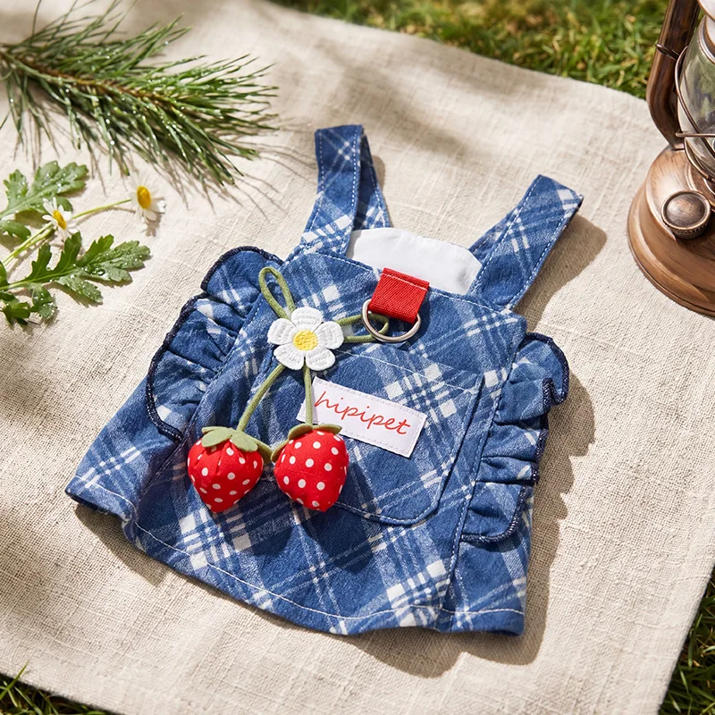 Summer Dog Clothes Denim Strawberry Suspender Dog Puppy Dress Adjustable Traction Pet Apparel for Small Breed Dogs Yorkshire