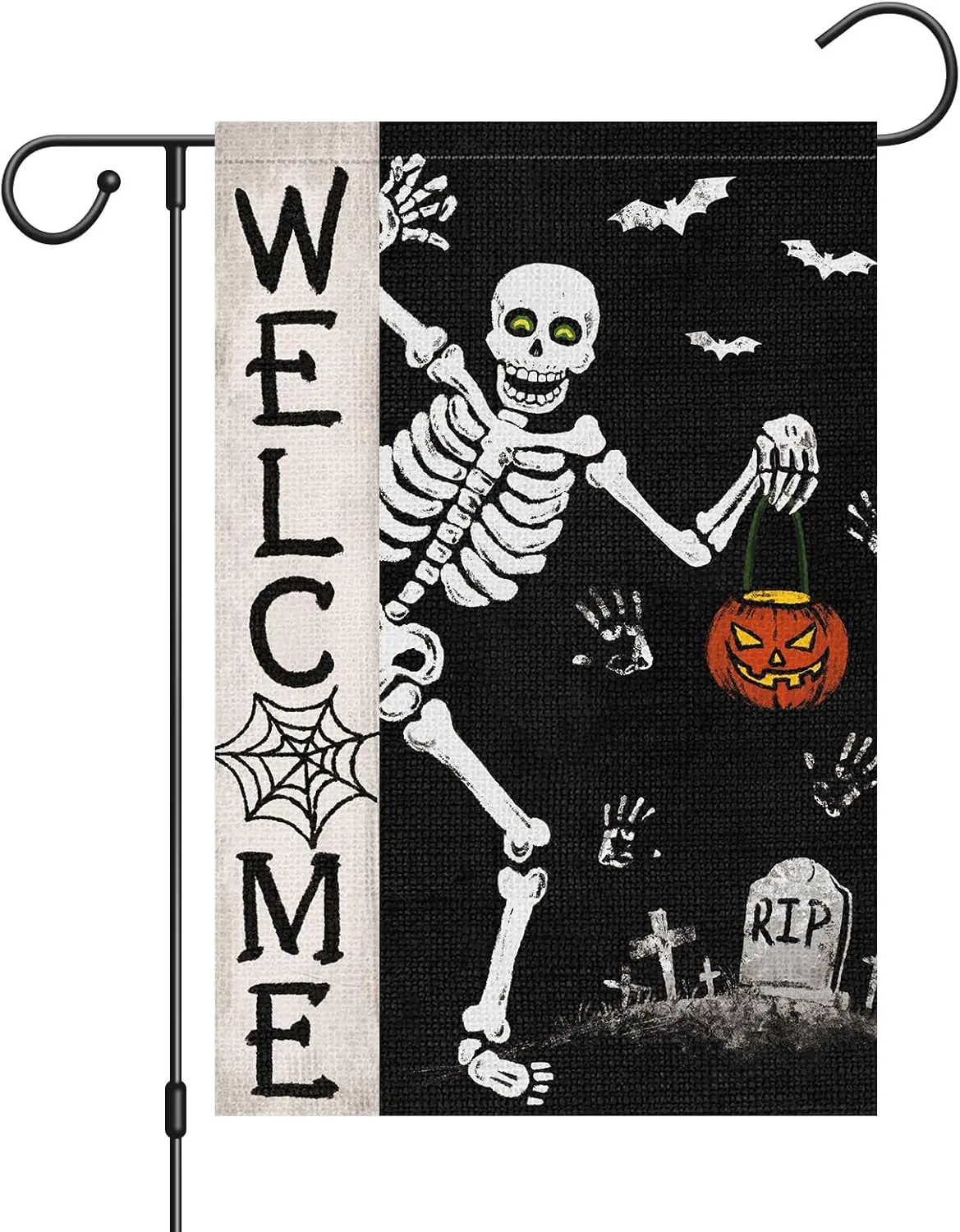 Halloween Skull Garden Flag 12x18 Double Sided, Burlap Small Spooky Welcome Halloween Pumpkin Bat Yard