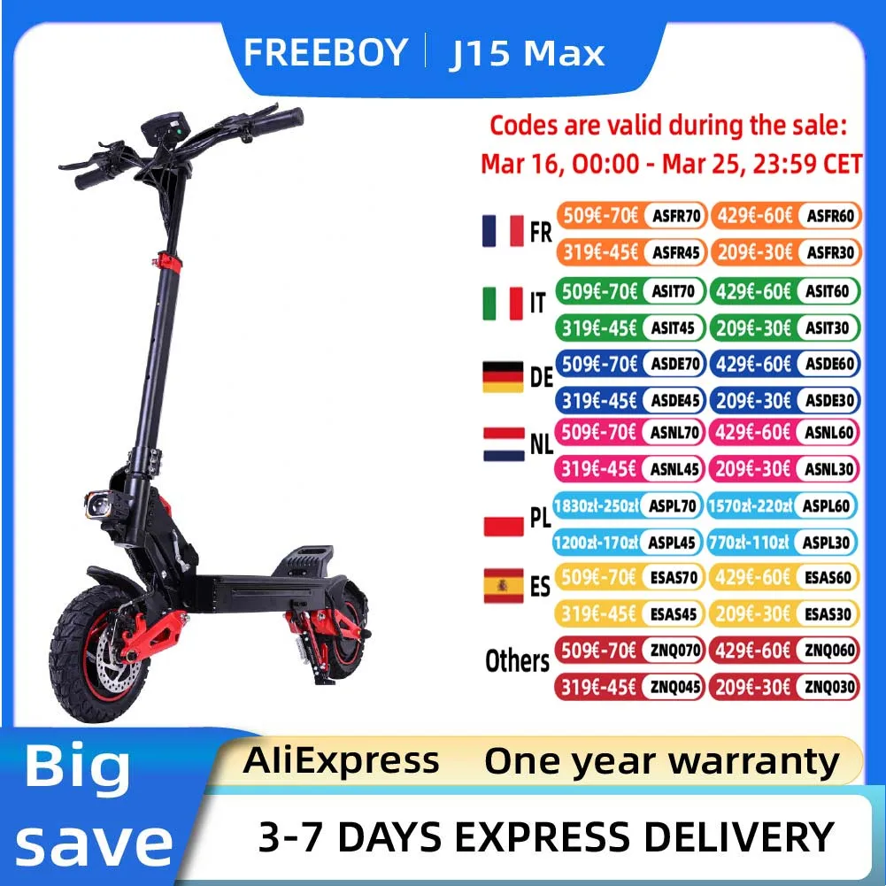 Trottinette électrique pour adultes Freeboy J15 Max, moteur 1600W, 48V 18Ah, pliable, avec pneus larges de 10 pouces pour la conduite en montagne