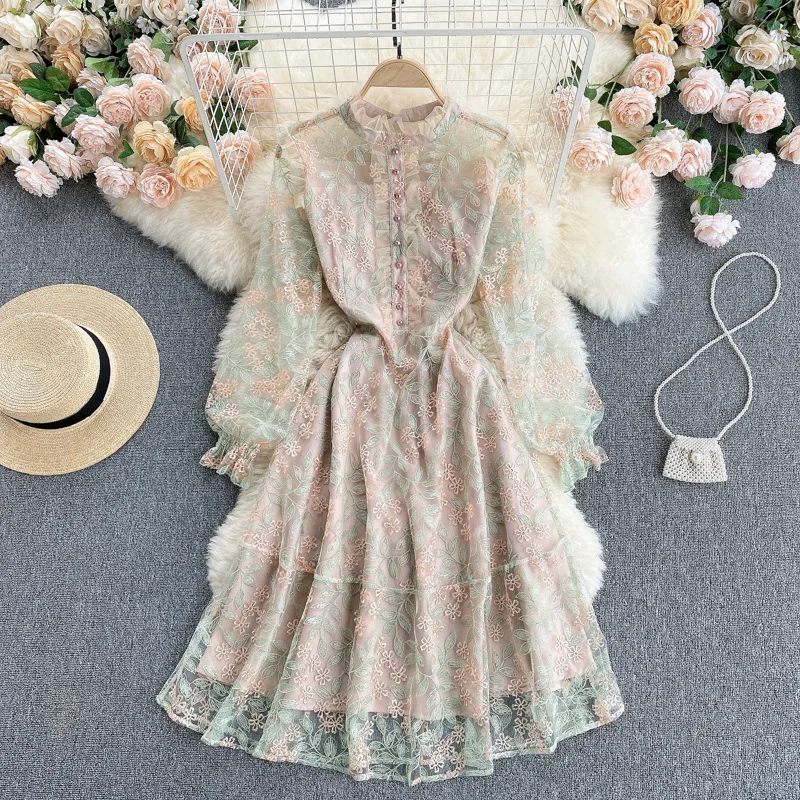 

Women'S Dresses Girl Summer Sweet Slim Short Embroidered Lace See Through Look A-Line Skirt Female Double Layers One-Piece Dress