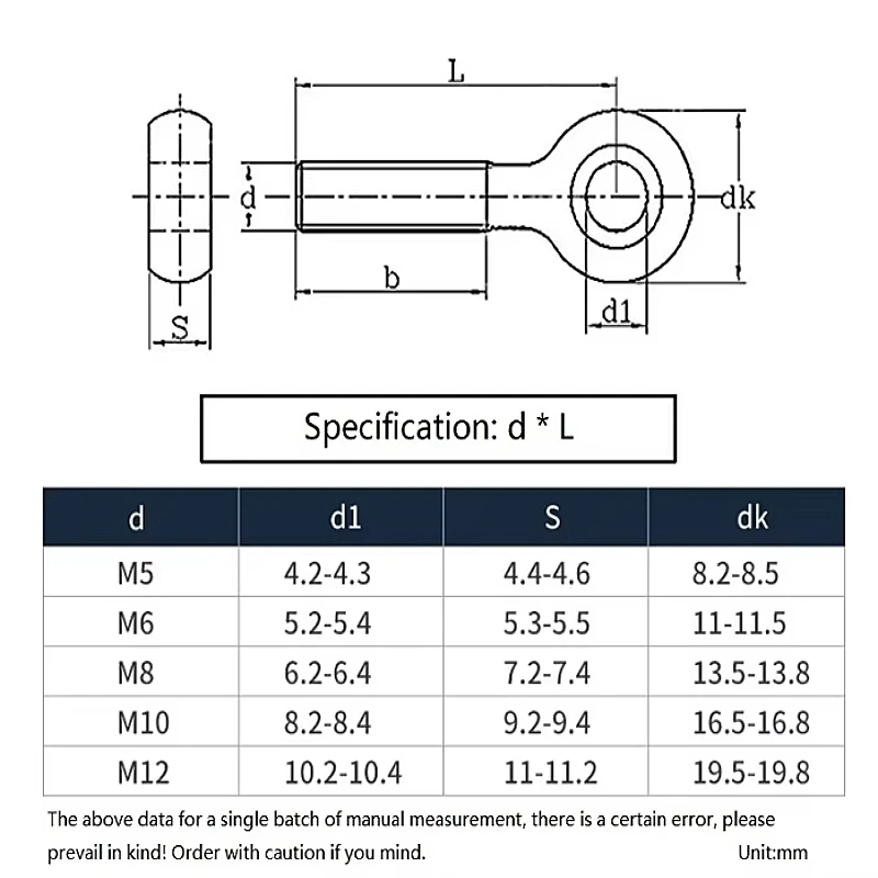 1PCS M14 M16 M18 M20 M24 304 Stainless Steel Full/Half Thread Ring Link Bolt Fisheye Eye Slip Hole Screw Length:50~200mm