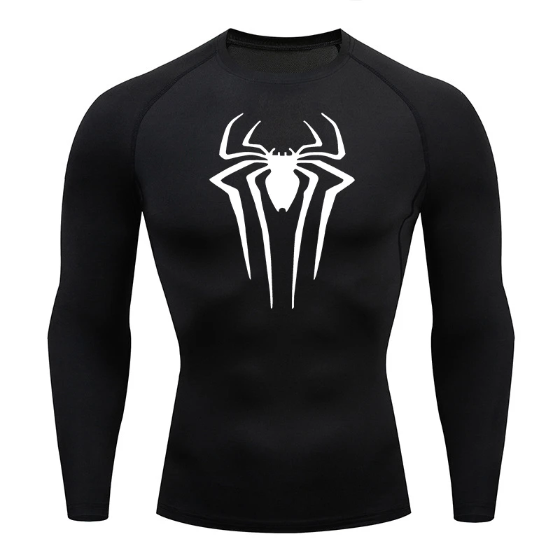 Spider Print Long Sleeve Compression Shirts for Men Gym Workout Rash Guard Undershirts Baselayers Athletic Quick Dry Tees Tops