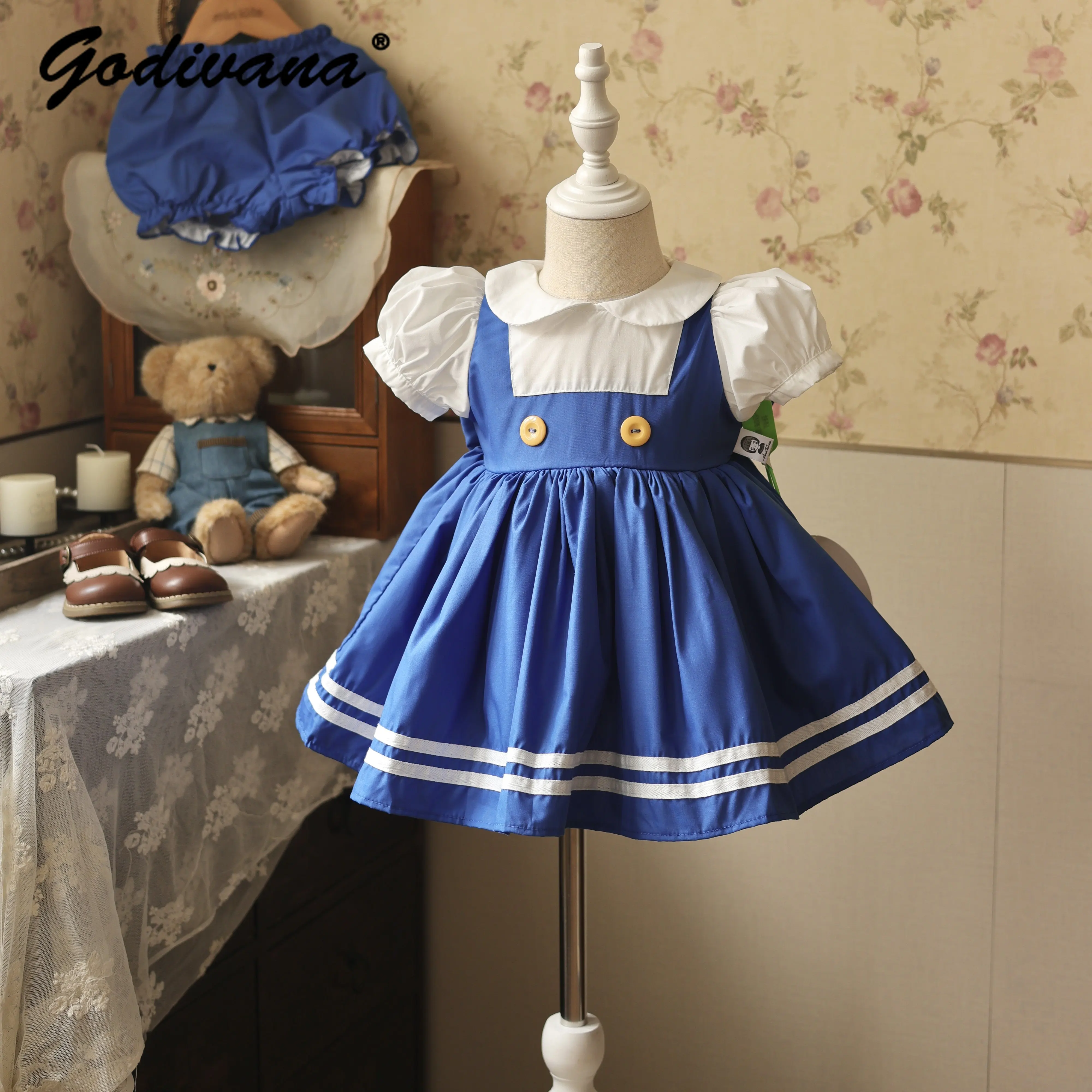 Original Retro Sweet Baby Girls Dress 2026 Summer New Vintage Preppy Doll Collar Puff Sleeve Faux Two-piece Daily Casual Dress