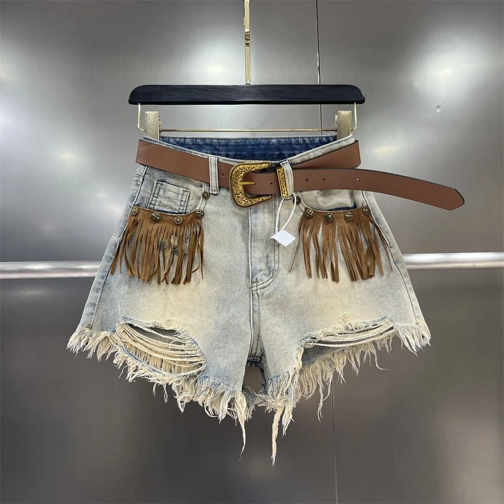 レトロタッセルリッピングリッピング女性デニムショーツインゴスファッションハイストリート夏ルーズワイドレッグパンツ A ラインショーツ