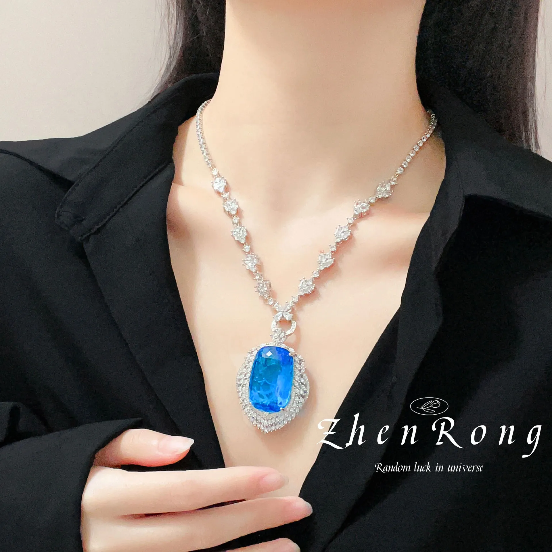 

Foydjew Luxury Quality Jewelry Simulation Aquamarine Sea Blue Stone Pendant Necklaces For Women Elegant Silver Color Necklace