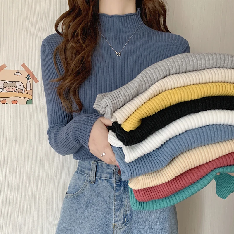 

Women's Long Sleeve Knitted Turtleneck Chic Down Blouses Slim Jumpers Soft Warm Pull Top Autumn Winter Fashion Sweater M103