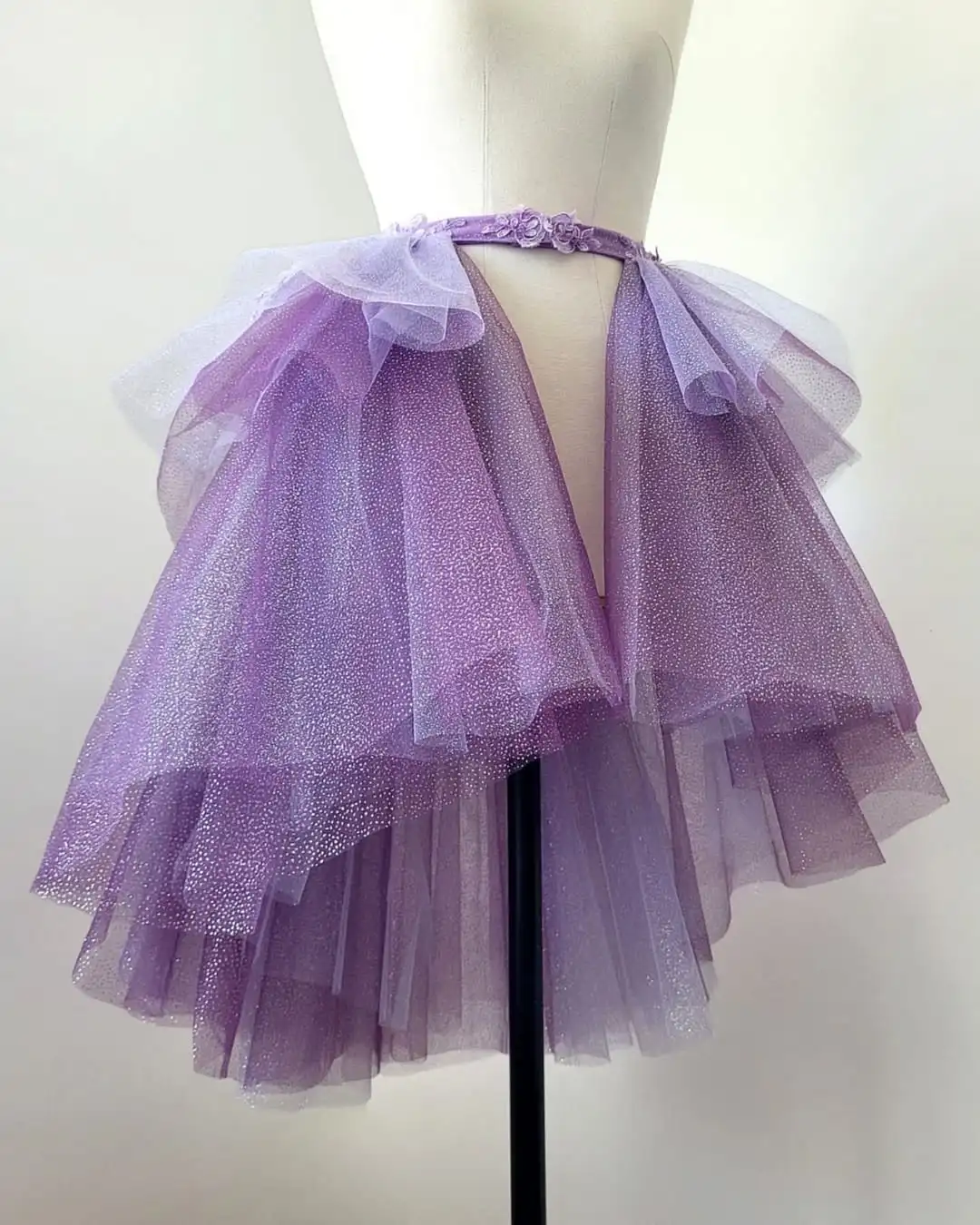 Gonne tutù a strati con applicazioni di pizzo fiore viola lucido 2025 Minigonna casual in tulle con volant da donna Gonna oversize staccabile personalizzata