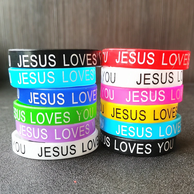 20PCS Bulk Jesus Love U Silicone Band Mixed Color Sparkle Christian Bracelets for Men Women Religious Vintage Jewelry God Gifts