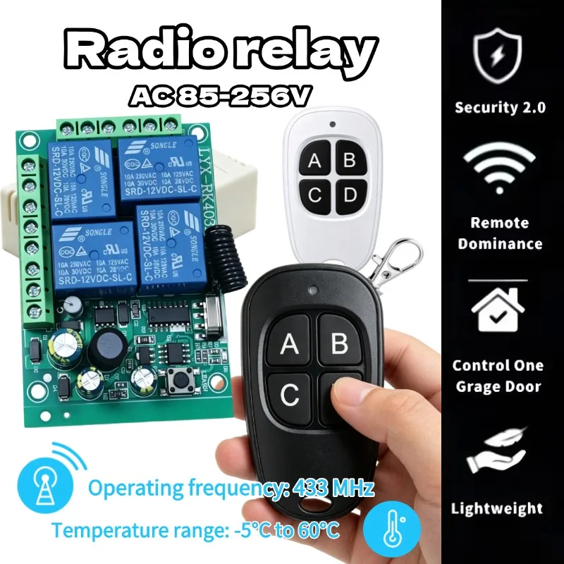 AC85V–256V 10A relay switch, equipped with a 433MHz 4-channel wireless remote control receiver and a 4-button transmitter