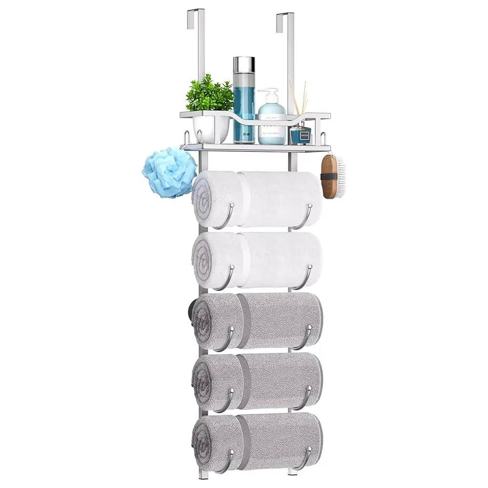 

Навесная вешалка для полотенец на дверь - 6-ярусная настенная вешалка для полотенец для ванной комнаты, держатель для полотенец с полкой, подвесной органайзер для рулонных полотенец