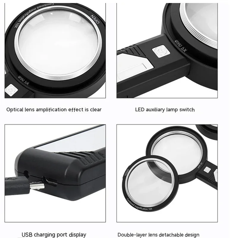 Lupa de Mão Recarregável, Luz LED Circular, Coleção Antique, Apreciação, Leitura, 15X, 21X, 28X