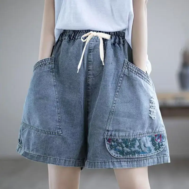 Summer New Versatile Loose Elasticity High Waist Wide Leg Shorts Women Fashion Embroidered Casual Personality Denim Shorts
