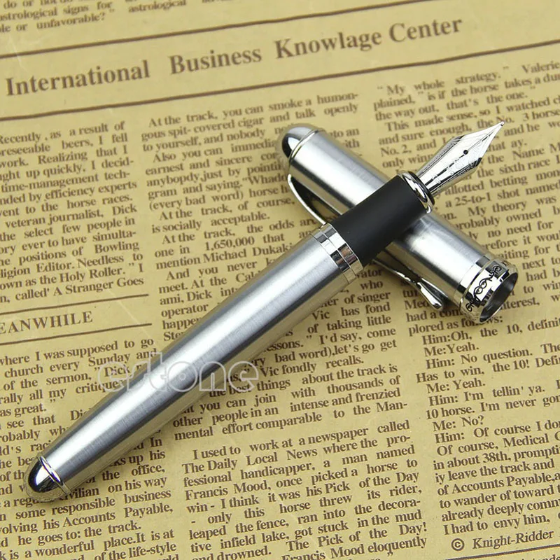 

Luxury Brand Silver Stainless Steel Fountain Pen Medium 18KGP Nib School Office Name Ink Pens Writing Gift Stationery