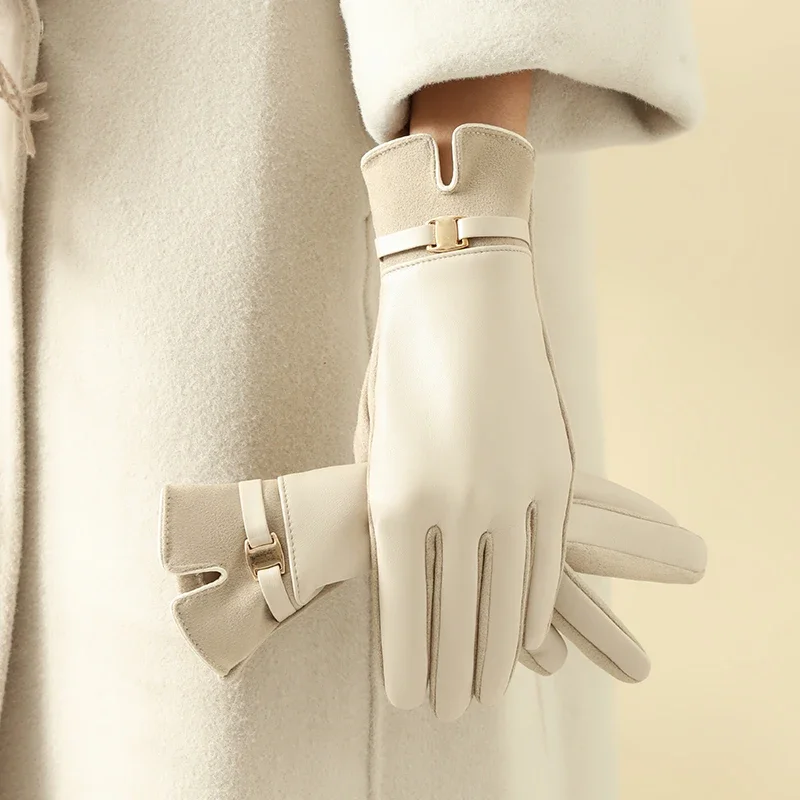 Women Winter Warm Gloves Fleece-Lined to Heattech and Touch Screen Gloves Pu Elegant and Exquisite Cycling and Driving Gloves