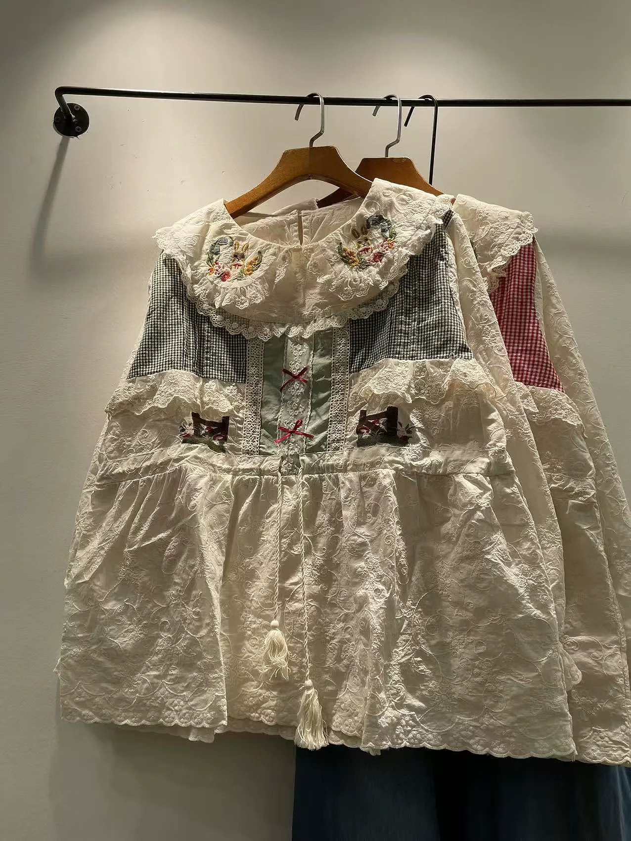 2026 Japanese mori girl style sweet red green plaid lace patchwork shirts and blouses for women kawaii fairy long sleeve tops