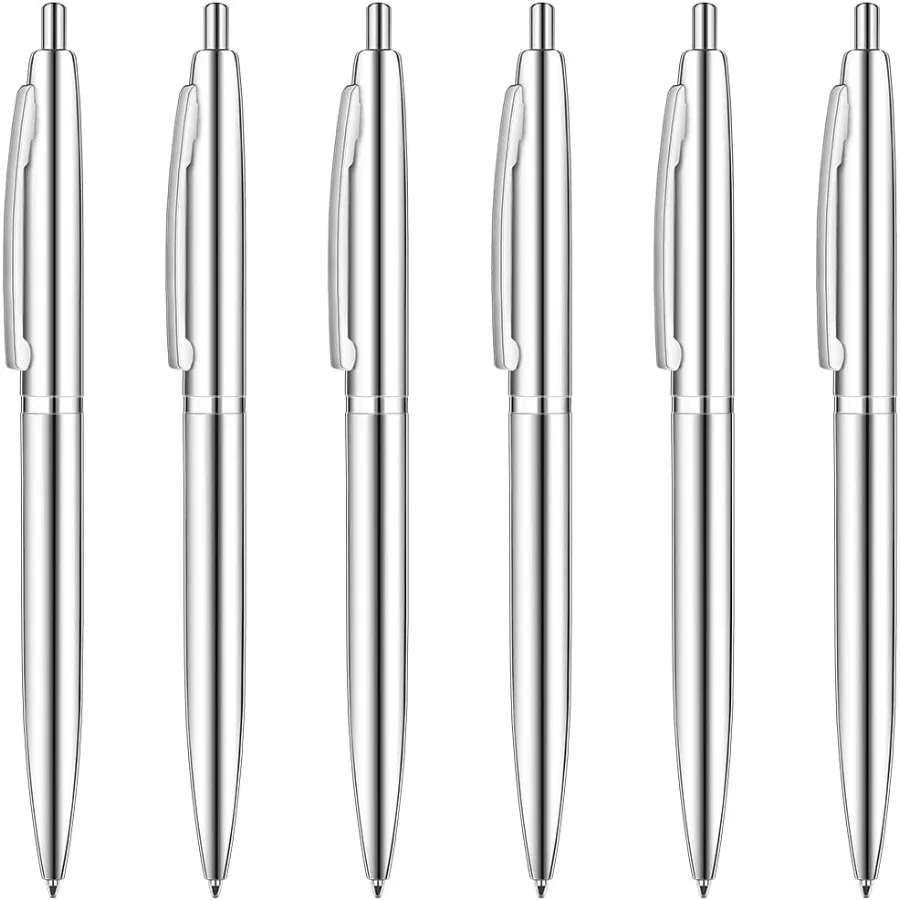 

6 упаковок шариковых ручек с серебряным щелчком, черные чернила, средняя точка, 1 мм, металлическая выдвижная ручка из нержавеющей стали, хороший подарок для бизнеса