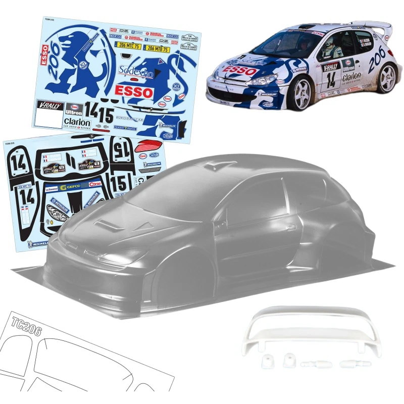 

Rally car 1/10 Peugeott 206 Clear Lexan Body shell W/3D Rear spoiler and Mirrors for Rc drift car 237mm Chassis