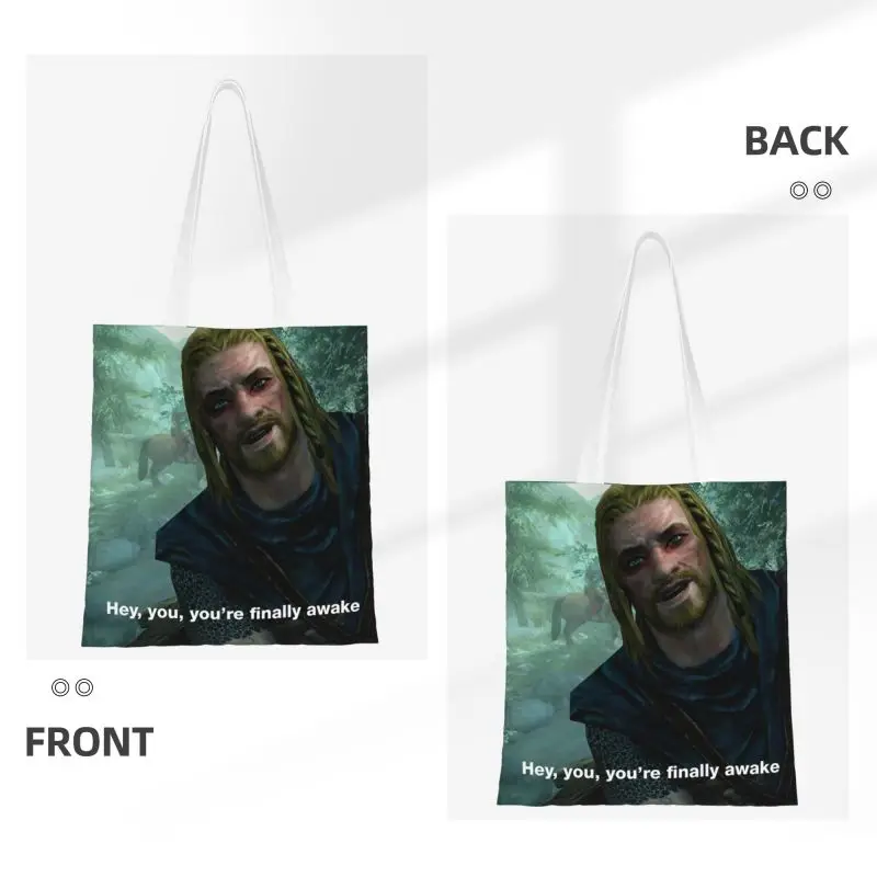 Hey You You're Finally Awake Grocery Shopping Bag Kawaii Printed Canvas Shopper Tote Shoulder Bags Durable Skyrim Meme Handbag