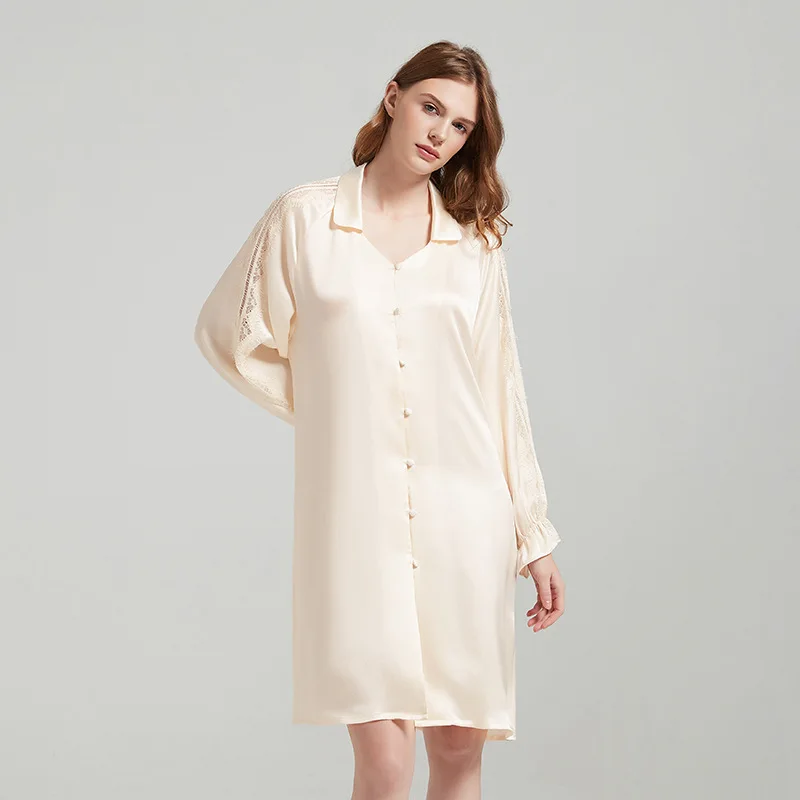 Birdtree 6A 19MM 100%Mulberry Silk Nightdress Long Sleeve Lapel Lace Elegant Comfortable Skincare Breathable Nightgown P3N301QM