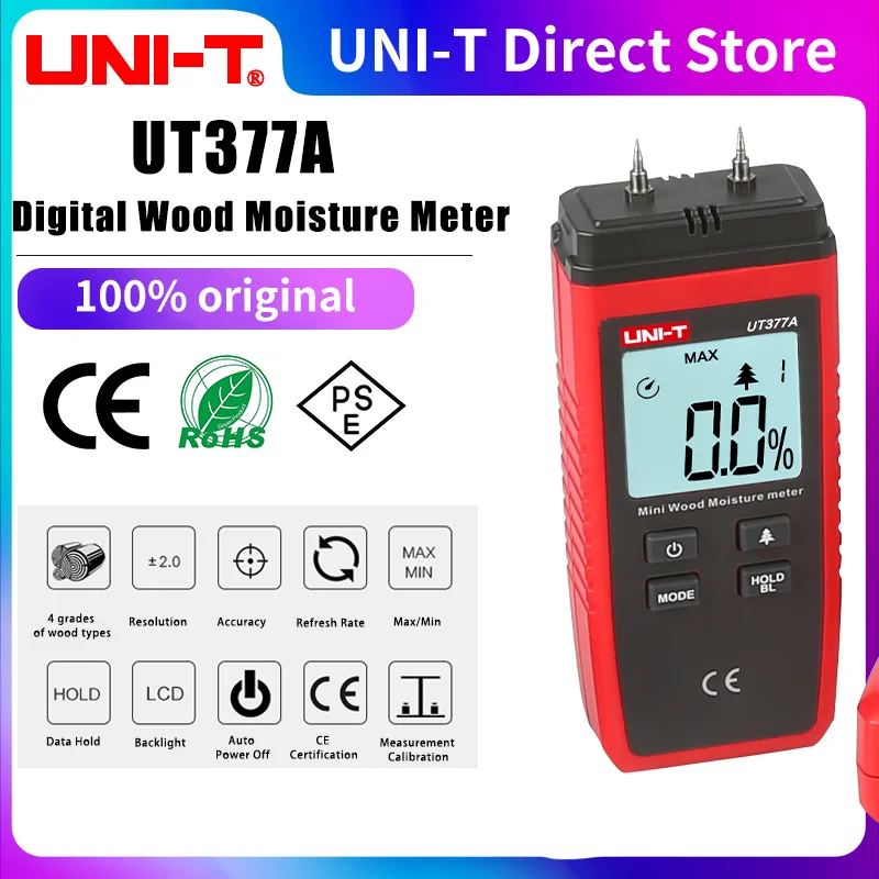 

UNI-T UT377A Digital Wood Moisture Meter Hygrometer Humidity Tester for Paper Plywood Wooden Materials LCD Backlight