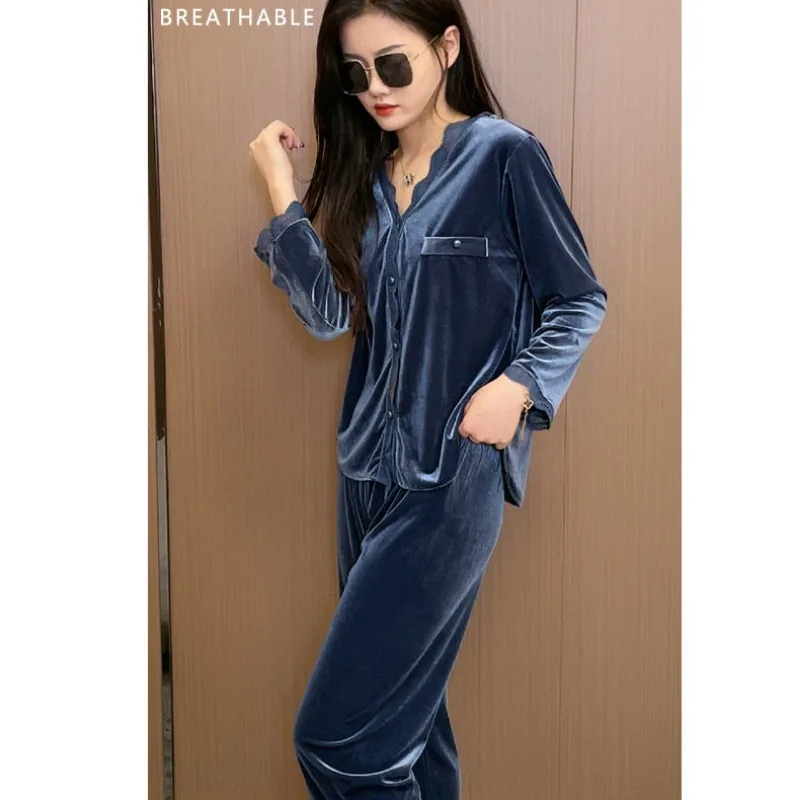 Pleuche Simple V-neck Pajamas Women\'s Spring Autumn Sleepwear Suit Winter Loungewear Wear 2024 New Solid Color Lace Homewear