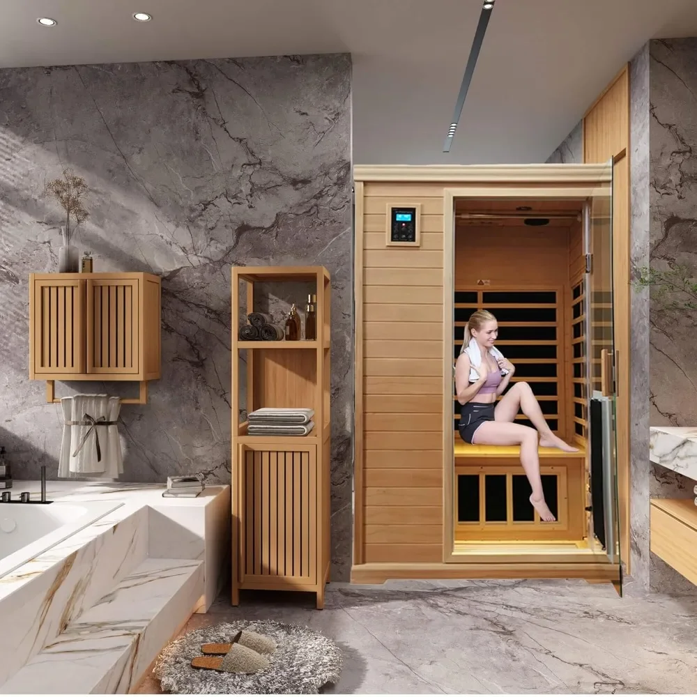 Wooden Sauna Room, 1-Person , with 1350W, 8 Low EMF Heaters, 10 Minutes Pre-Warm up, Time and Temp Pre-Set, 2 Bluetooth Speakers