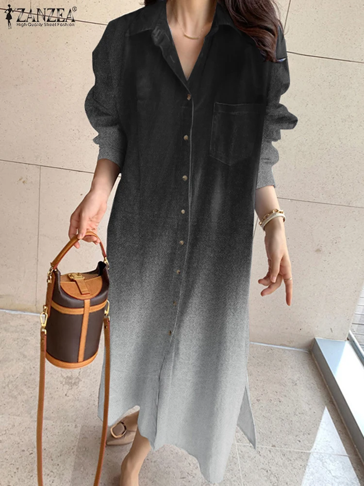 ZANZEA Commute Button Up Shirtdress 2024 Fall Turn-down Collar Fashion Long Sleeve Midi Dress Slit Hem Women Gradient Dresses