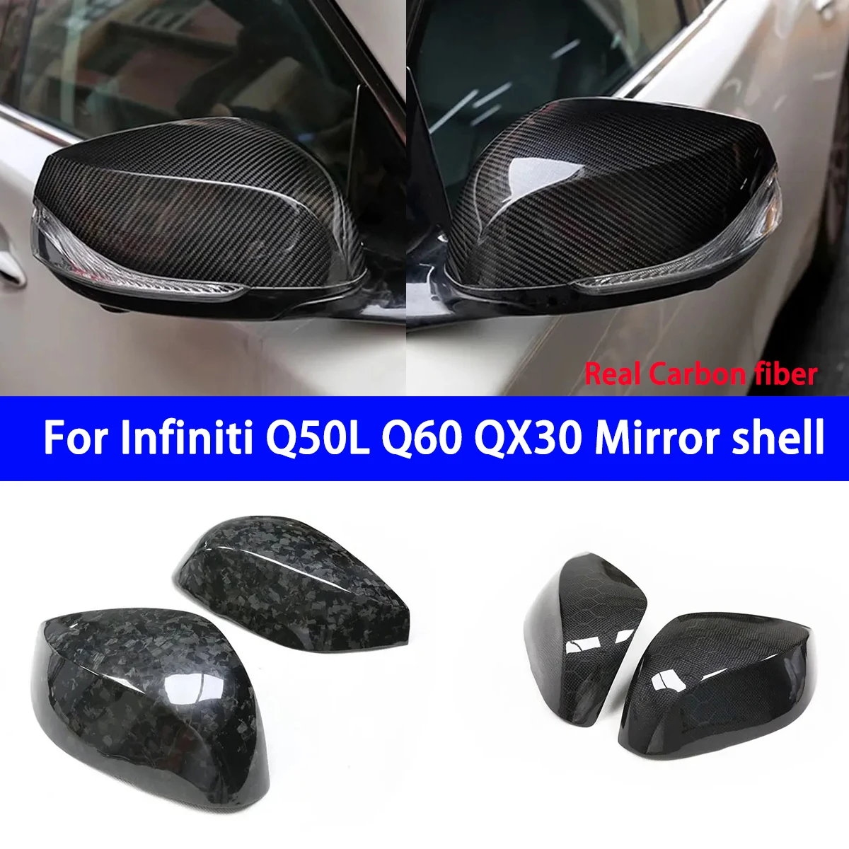 For Infiniti Q50 Q60 QX30 Dry Carbon Fiber Patch Rearview Mirror Housing Cover Mirror Caps Satin Weave Style