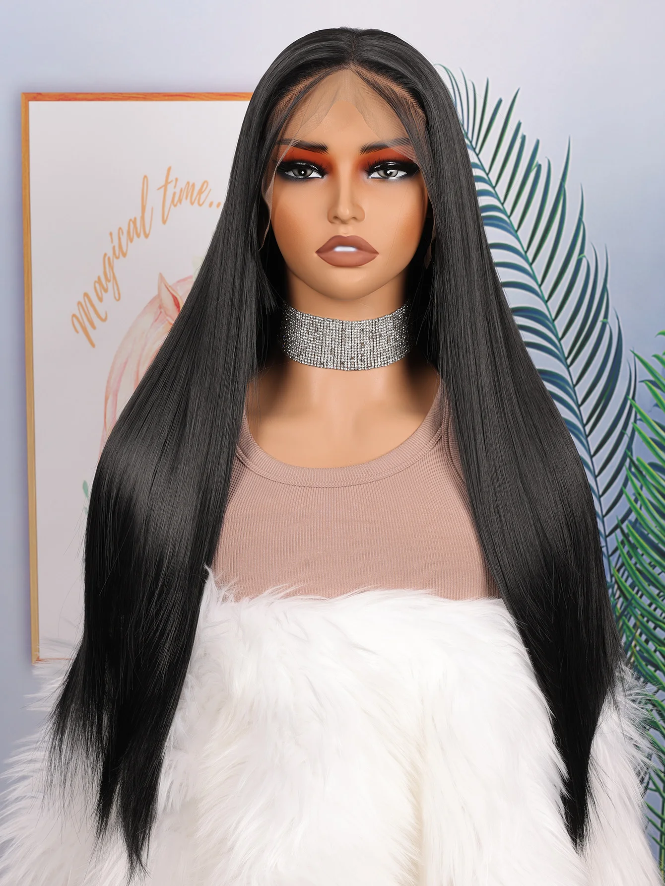 

Silk Straight Lace Front Wig Soft Natural Black 26Inch 180%Density For Women With Baby Hair Glueless Synthetic Preplucked Daily