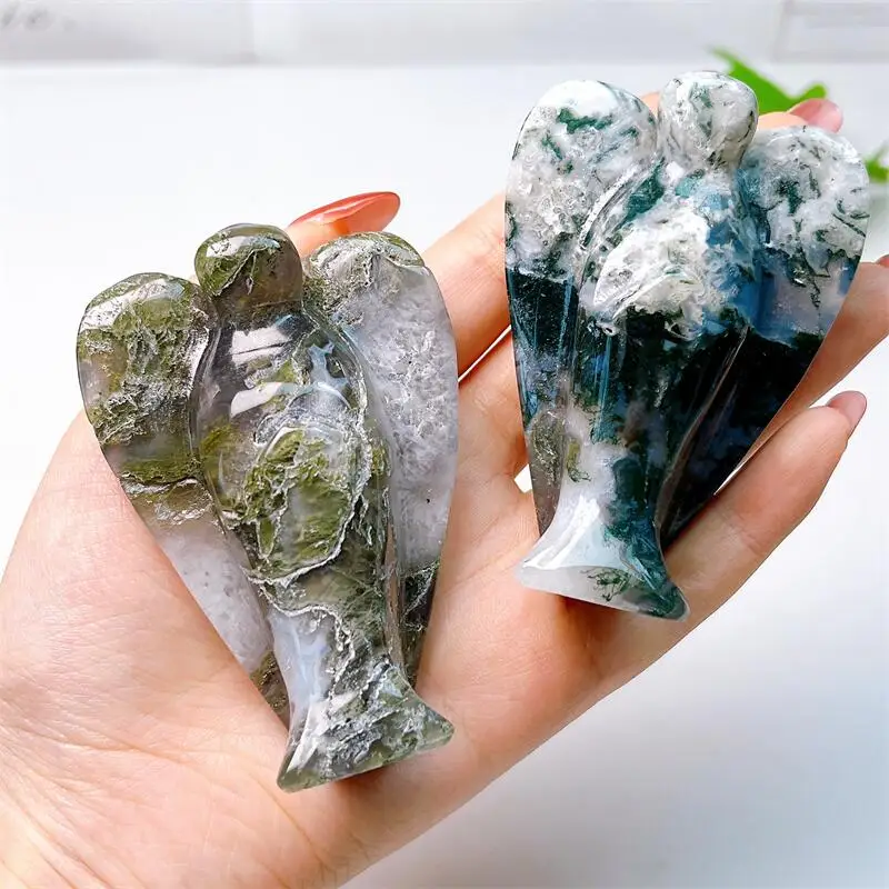 

Natural Moss Agate Angel Carving Crafts Polished Healing Fengshui Figurine Home Ornament DIY Gift 1PCS