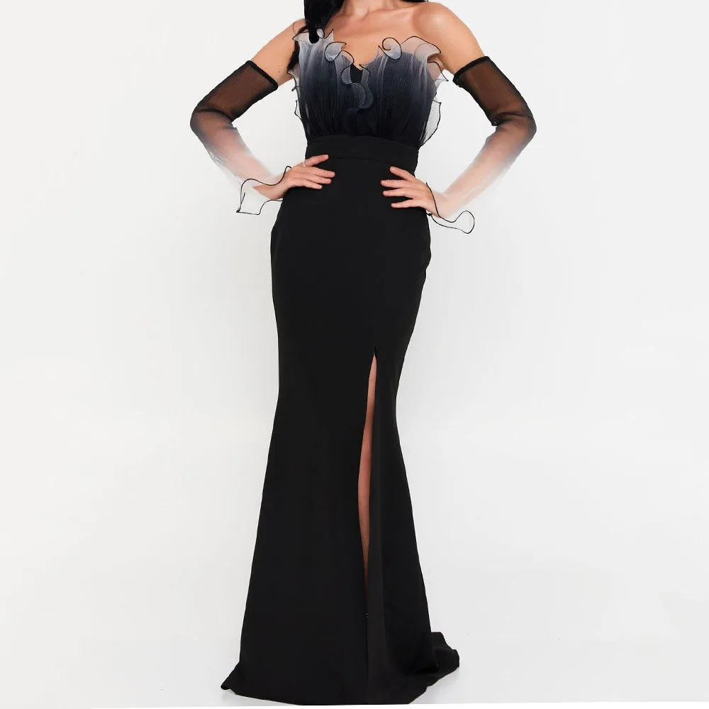 

Customized A-Line Prom Dresses Floor-Length Strapless Full Sleeve Evening Gown Fashion Side Split Backless Draped Party Gown