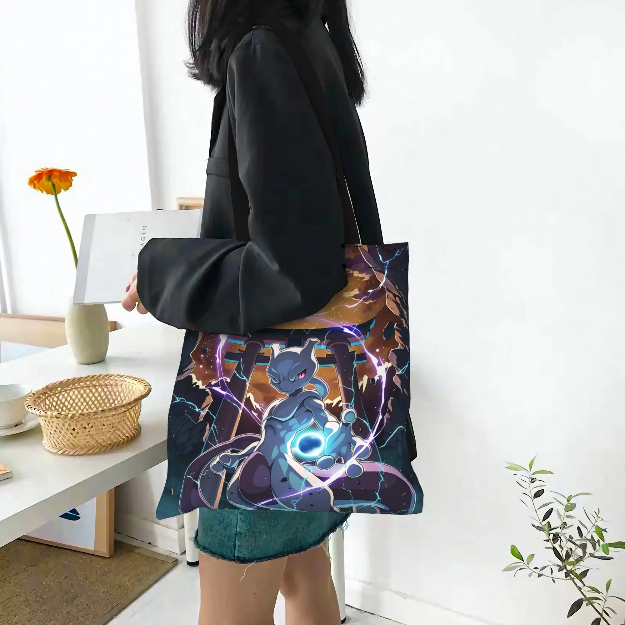 Customized Pokemon Women's Bag Shopping Bag Reusable Double Sided Canvas Tote Bag Shoulder  Handbag