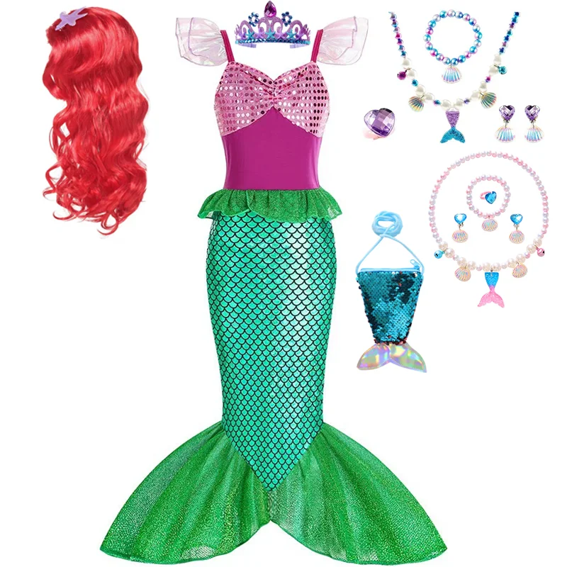 

Ocean Mermaid Costume Girls Princess Ariel Dress With Wig+Crown Accessories Kids Carnival Birthday Party Mardi Gras Day Clothes