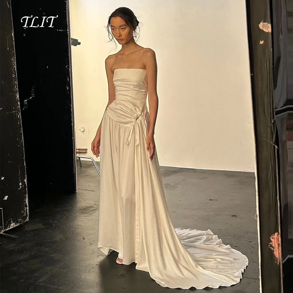 TLIT Elegant Ivory Silk Satin A-Line Wedding Dress Strapless Pleats Prom Gown Korean Bridal Dresses Photo Shoot Customized