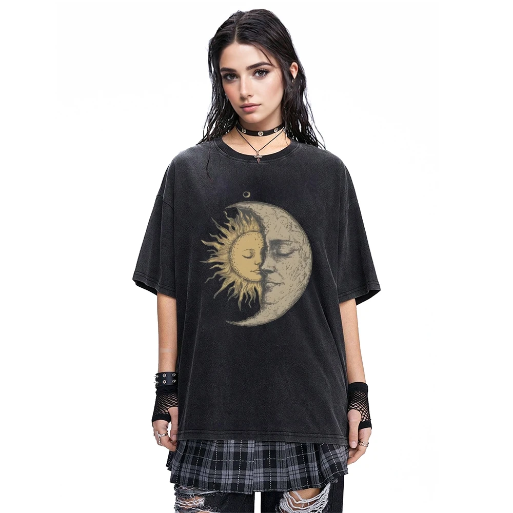 

Винтажная повседневная рубашка с рисунком Солнца и Луны, уличная одежда больших размеров, крутая уличная одежда для женщин
