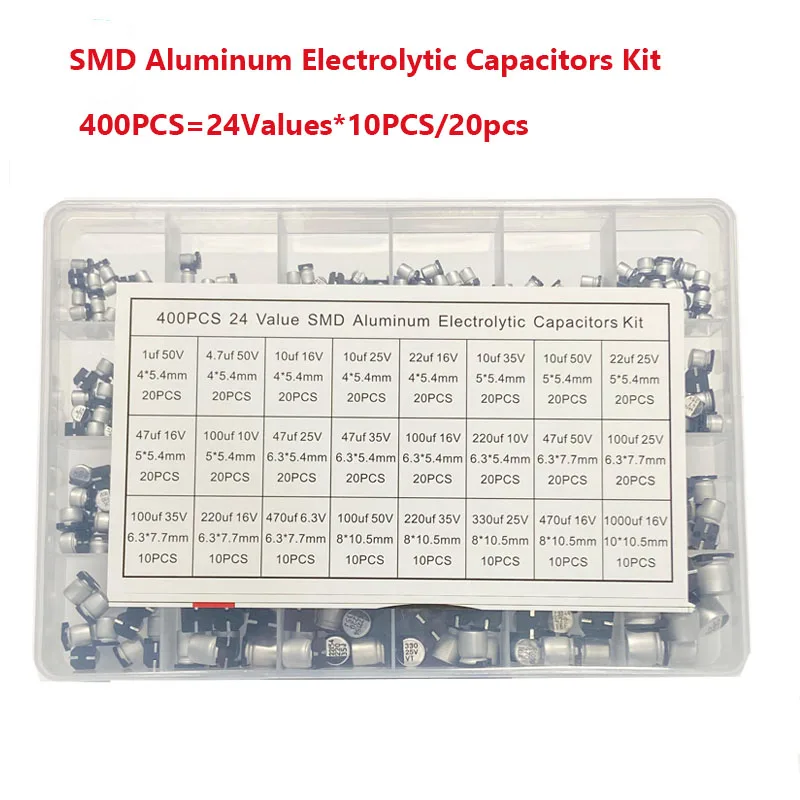 Aluminum Electrolytic Capacitors SMD Assortment Kit  400Pcs 24Value SMD 1uF~1000uF 6.3V-50V  24Value  with box