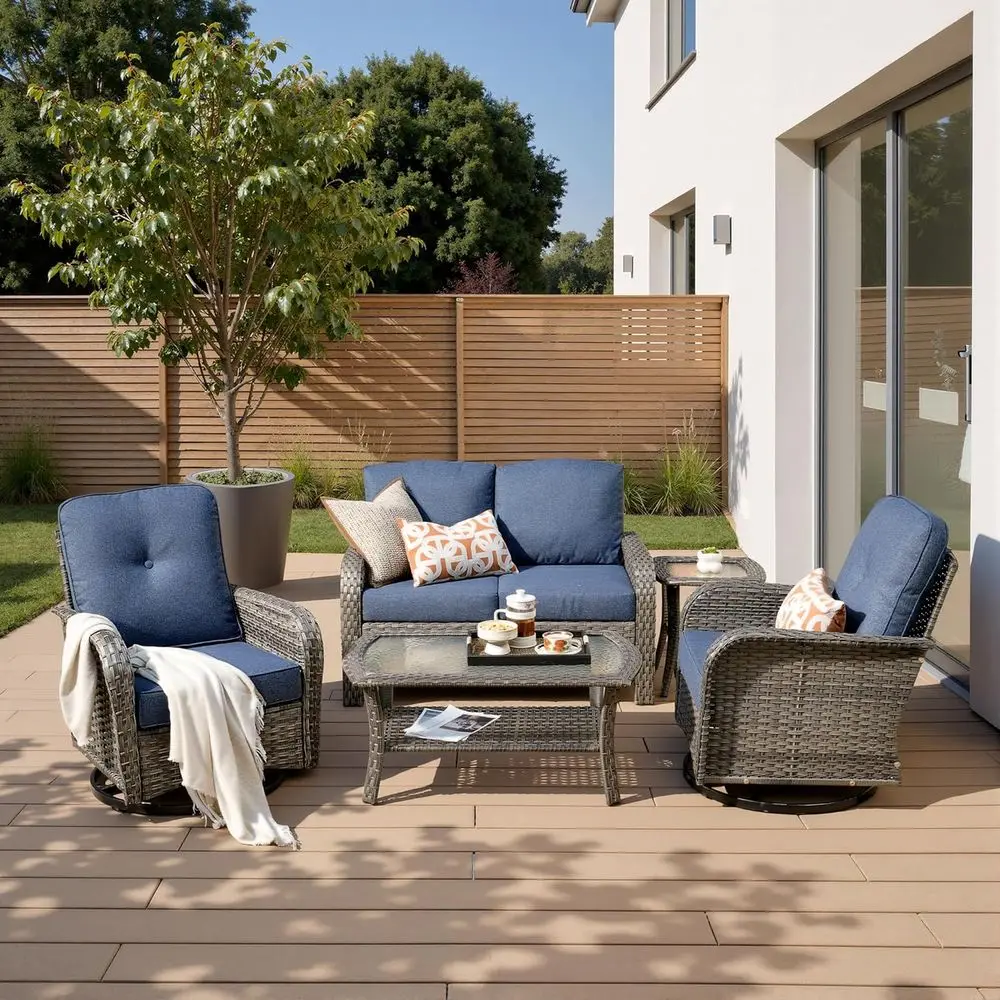 

5-Piece Outdoor Wicker Furniture Set with Coffee Table, High Back Swivel Rockers, Ideal for Patio, Balcony, or Garden in Denim B