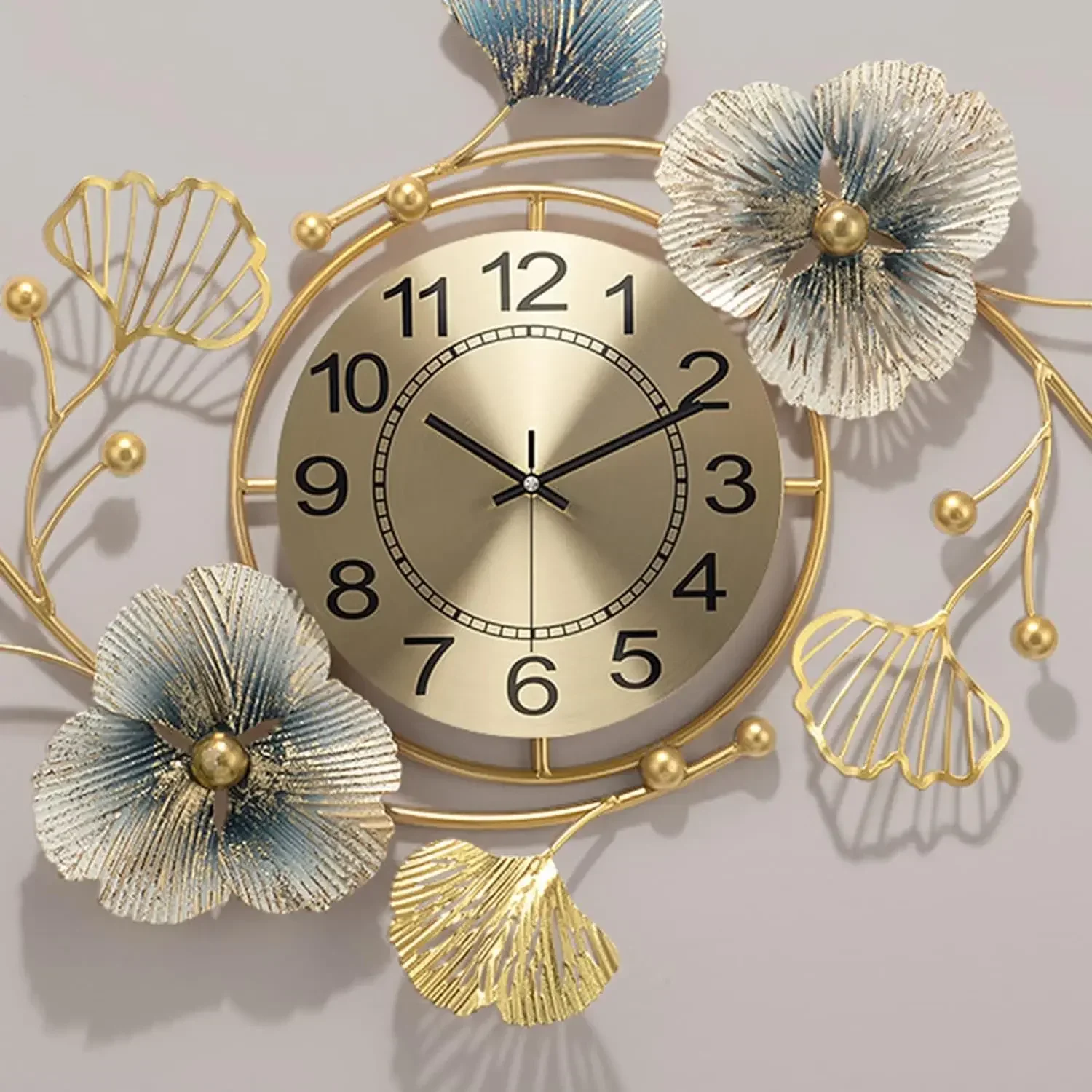 Large Wall Clock Decor, Modern 3D Metal Ginkgo Leaf Design Wall Clocks Decorative Silent Non-Ticking for Living Room