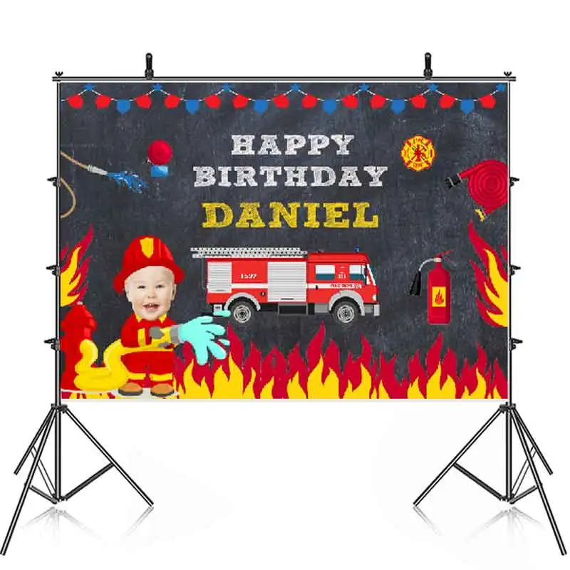 Firefighter Birthday Party Backdrop Fireman Fire Truck Photography Black Background Boy Birthday Decorations Banner Edit Face