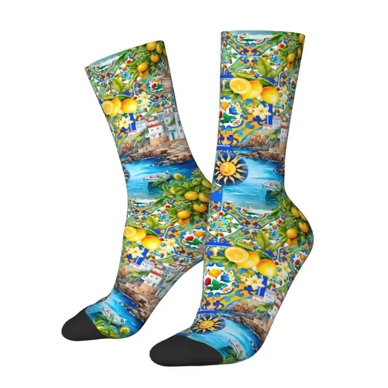 Custom Cool Mediterranean Summer Fruit Lemons Italian Tiles Socks Women Men Warm 3D Printing Sports Football Socks