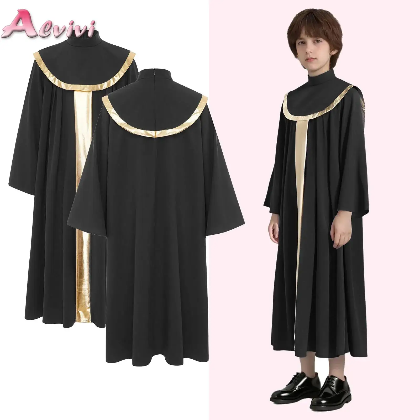Boys Girls Choir Robe Dress Metallic Long Sleeve Color Block Dress Clergy Pleated Gown Halloween Cosplay Theme Party Costume