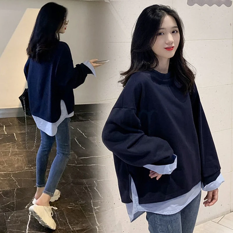 New Pregnancy Hoodies Spring and Autumn Pregnant Women Fashion Style Loose Fleece Jacket Navy Blue Maternity Casual Sweatshirts