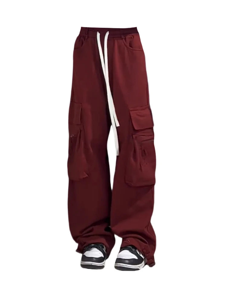 

Streetwear Harajuku Fashion Red Cargo Pants Drawstring Hip Hop Straight Casual Long Baggy Trousers High Waist Y2K American Retro