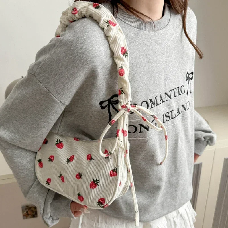 Small Underarm Bag For Women Corduroy Handbag Cute Strawberry Print Little Tote Half Moon Design Eco Cloth Mini Shoulder Bag image 3