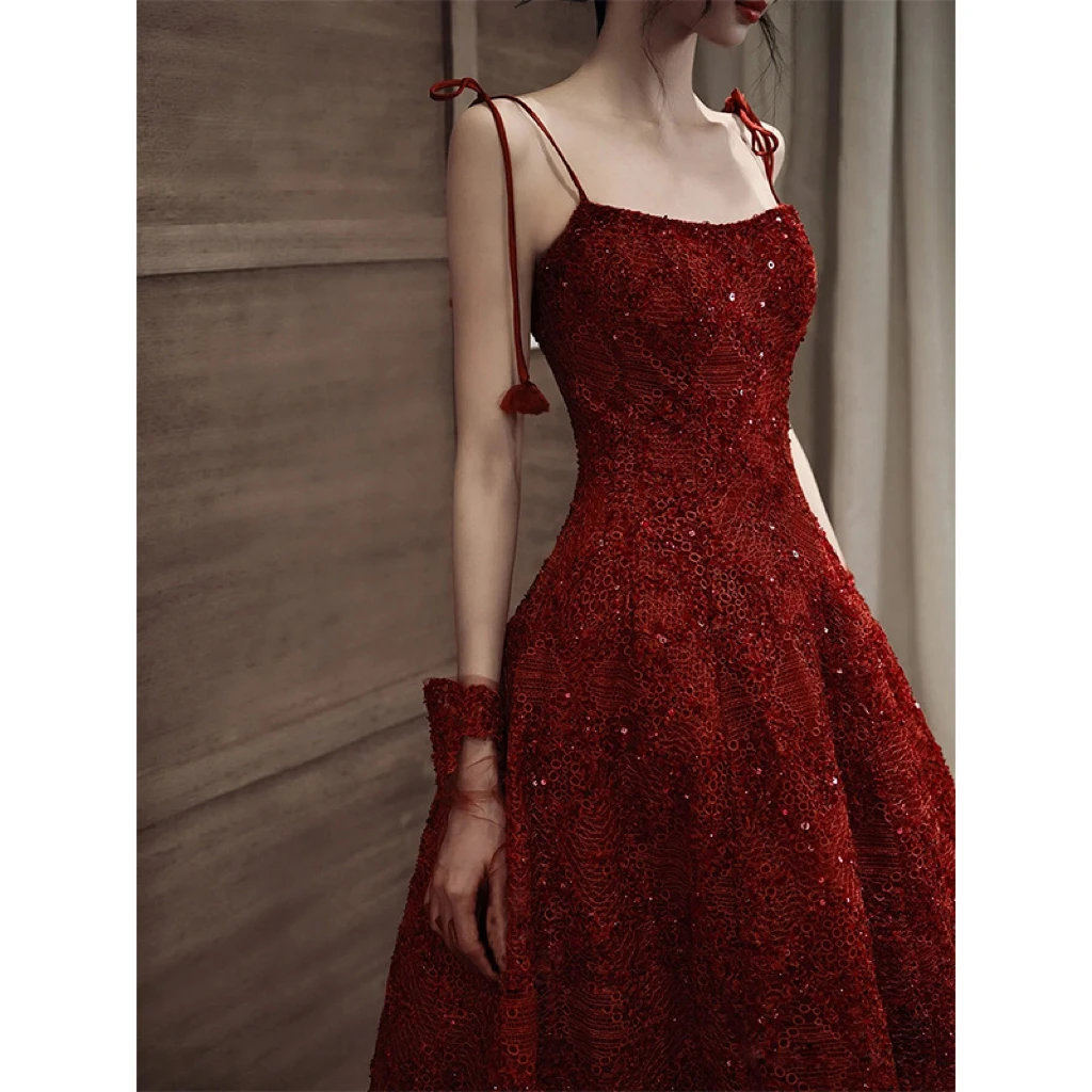 Sexy Burgundy Bridesmaid Dresses Tea Length Spaghetti Strap A-line Beading Sequins Slim Lady Prom Party Gowns Toast For Wedding